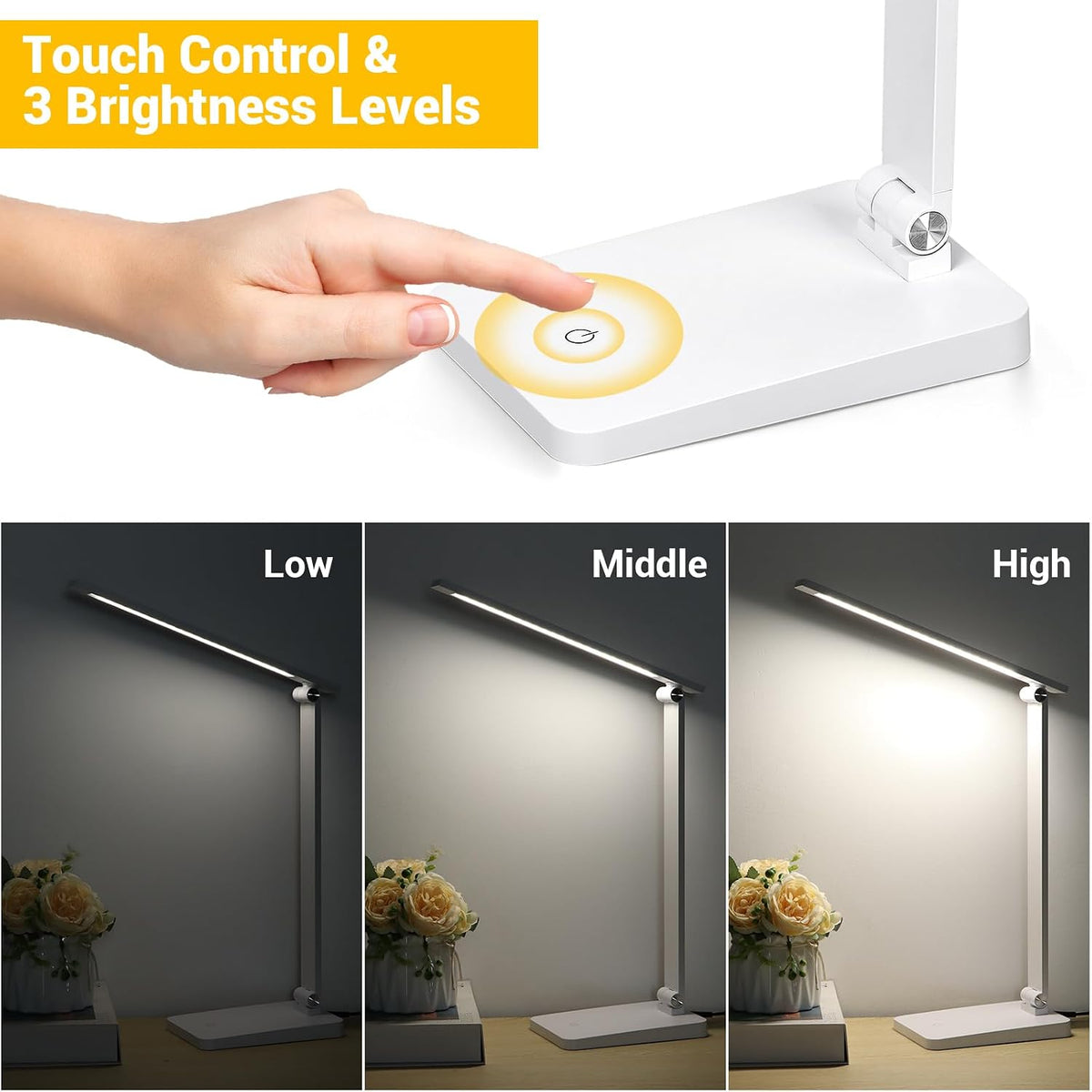LED Desk Lamp for Home Office, 3 Levels Dimmable Desk Light with USB Charging Port, Small Study Lamp, Reading Light for Table, Black, 5000K