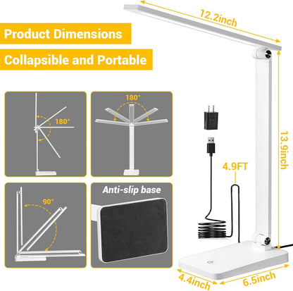 LED Desk Lamp for Home Office, 3 Levels Dimmable Desk Light with USB Charging Port, Small Study Lamp, Reading Light for Table, Black, 5000K