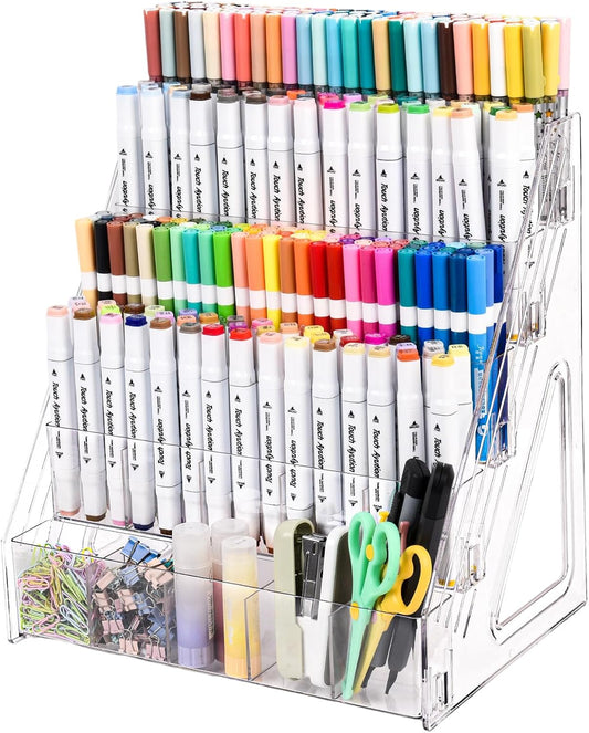 Acrylic Desk Organizer – 5 Tier 25 Compartments Vertical Storage for Pens, Markers, Art Supplies & Office Accessories – Clear Desk Storage Solution for Home, Office & School
