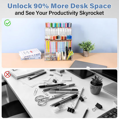 Acrylic Desk Organizer – 5 Tier 25 Compartments Vertical Storage for Pens, Markers, Art Supplies & Office Accessories – Clear Desk Storage Solution for Home, Office & School