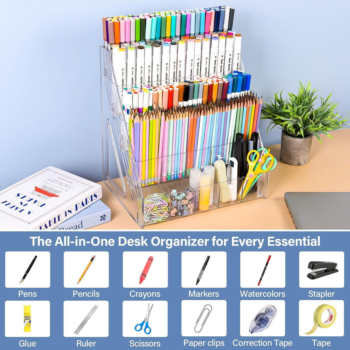 Acrylic Desk Organizer – 5 Tier 25 Compartments Vertical Storage for Pens, Markers, Art Supplies & Office Accessories – Clear Desk Storage Solution for Home, Office & School
