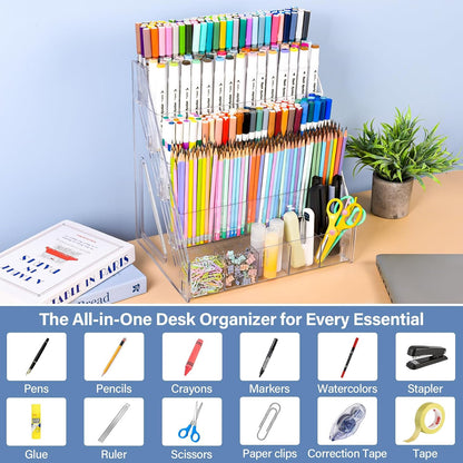 Acrylic Desk Organizer – 5 Tier 25 Compartments Vertical Storage for Pens, Markers, Art Supplies & Office Accessories – Clear Desk Storage Solution for Home, Office & School