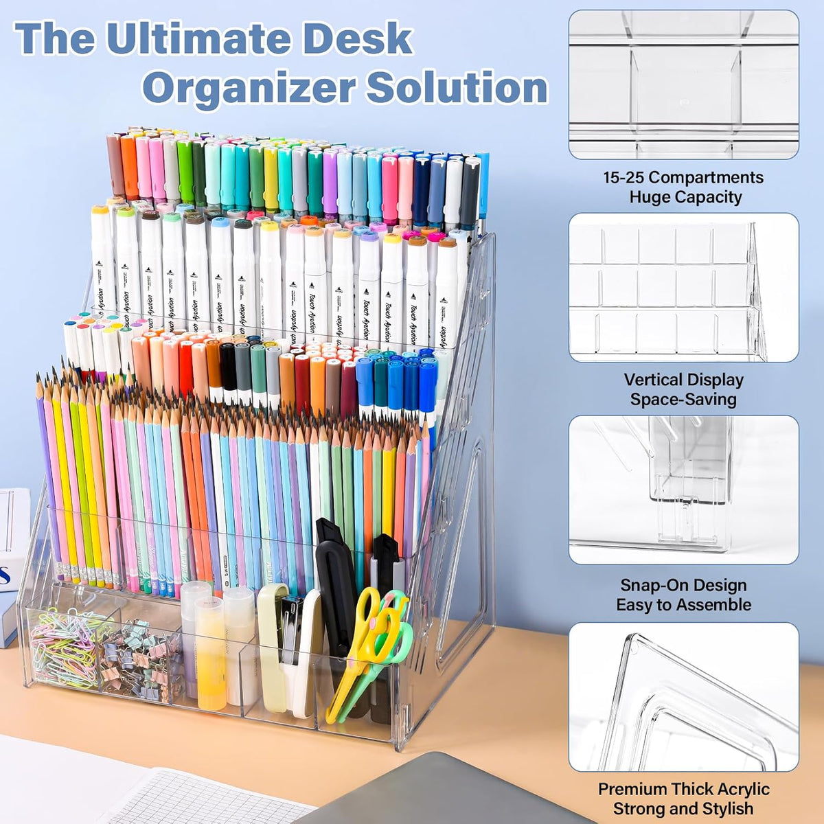 Acrylic Desk Organizer – 5 Tier 25 Compartments Vertical Storage for Pens, Markers, Art Supplies & Office Accessories – Clear Desk Storage Solution for Home, Office & School