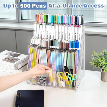 Acrylic Desk Organizer – 5 Tier 25 Compartments Vertical Storage for Pens, Markers, Art Supplies & Office Accessories – Clear Desk Storage Solution for Home, Office & School