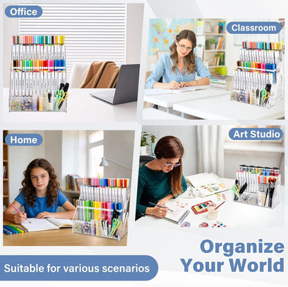 Acrylic Desk Organizer – 5 Tier 25 Compartments Vertical Storage for Pens, Markers, Art Supplies & Office Accessories – Clear Desk Storage Solution for Home, Office & School