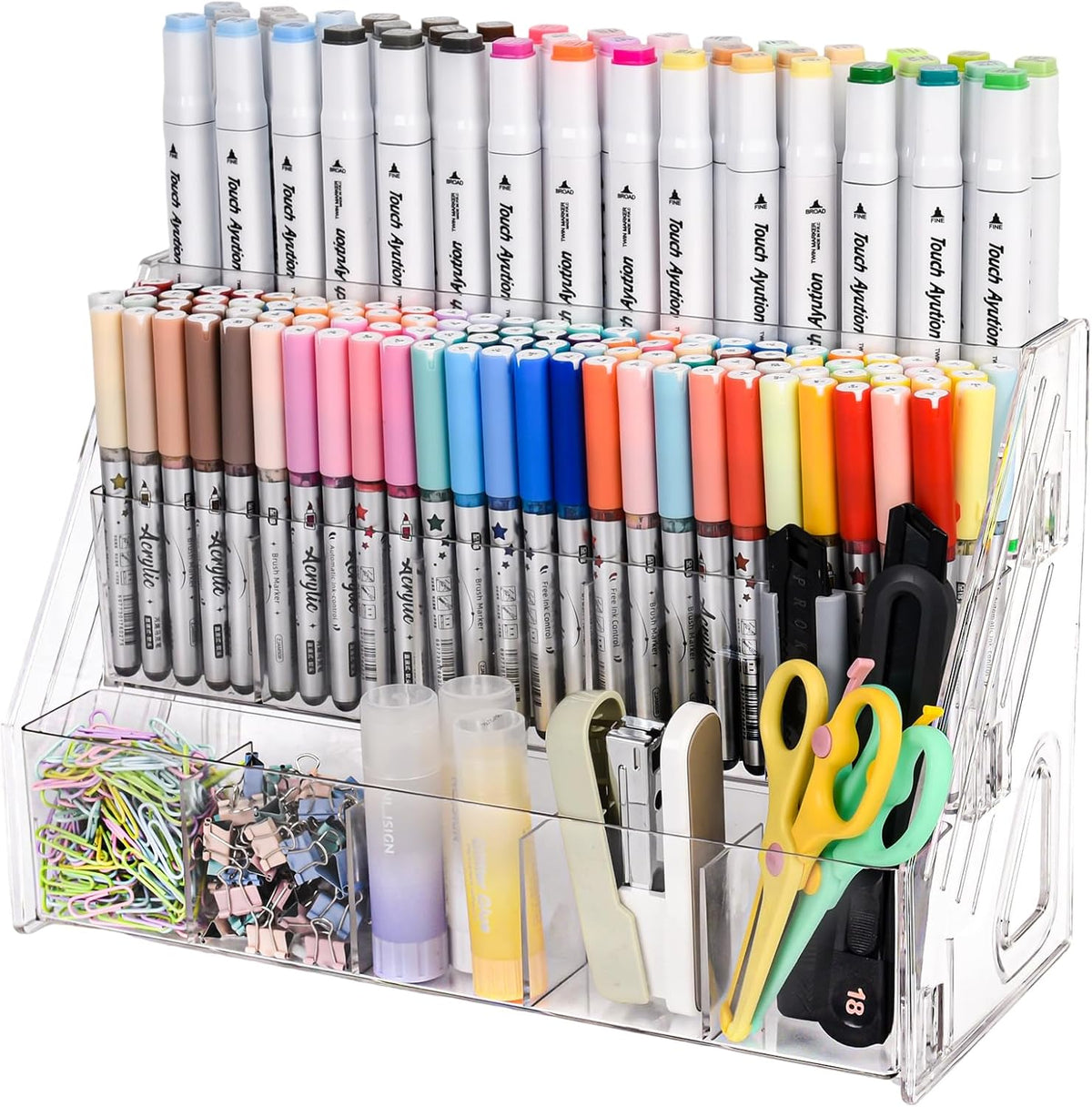Acrylic Desk Organizer – 5 Tier 25 Compartments Vertical Storage for Pens, Markers, Art Supplies & Office Accessories – Clear Desk Storage Solution for Home, Office & School