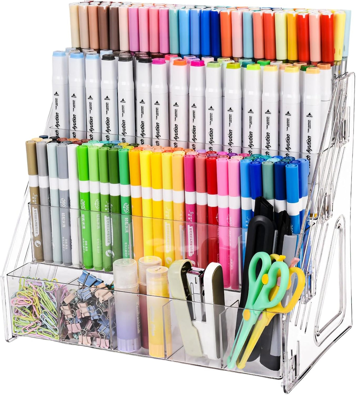 Acrylic Desk Organizer – 5 Tier 25 Compartments Vertical Storage for Pens, Markers, Art Supplies & Office Accessories – Clear Desk Storage Solution for Home, Office & School