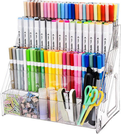 Acrylic Desk Organizer – 5 Tier 25 Compartments Vertical Storage for Pens, Markers, Art Supplies & Office Accessories – Clear Desk Storage Solution for Home, Office & School