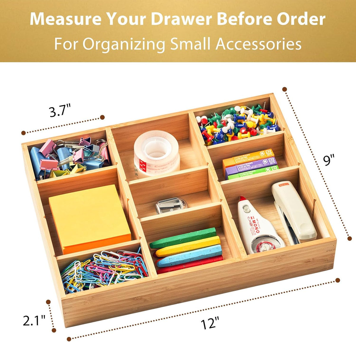 Bamboo Desk Drawer Organizer, Wood Junk Organizer Tray with Adjustable Dividers, Anti-Skip Storage Organization in Office Bathroom Drawer for Vanity, Makeup, 12" x 9"