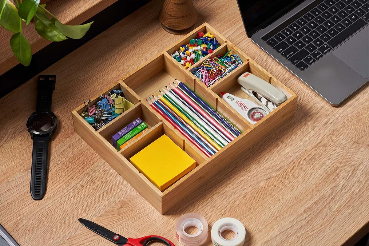 Bamboo Desk Drawer Organizer, Wood Junk Organizer Tray with Adjustable Dividers, Anti-Skip Storage Organization in Office Bathroom Drawer for Vanity, Makeup, 12" x 9"