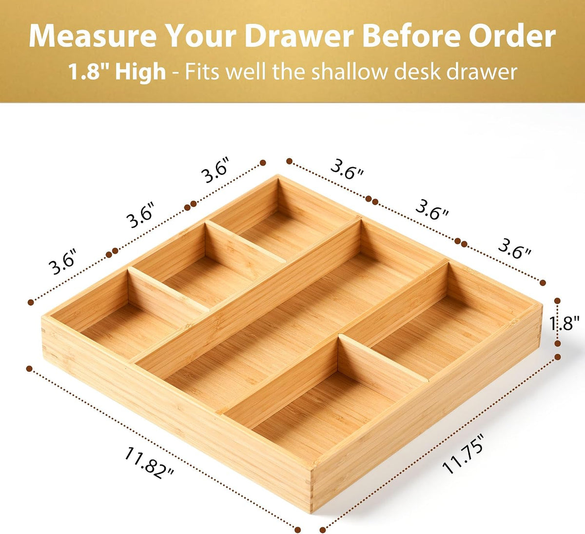 Bamboo Desk Drawer Organizer, Wood Junk Organizer Tray with Adjustable Dividers, Anti-Skip Storage Organization in Office Bathroom Drawer for Vanity, Makeup, 12" x 9"