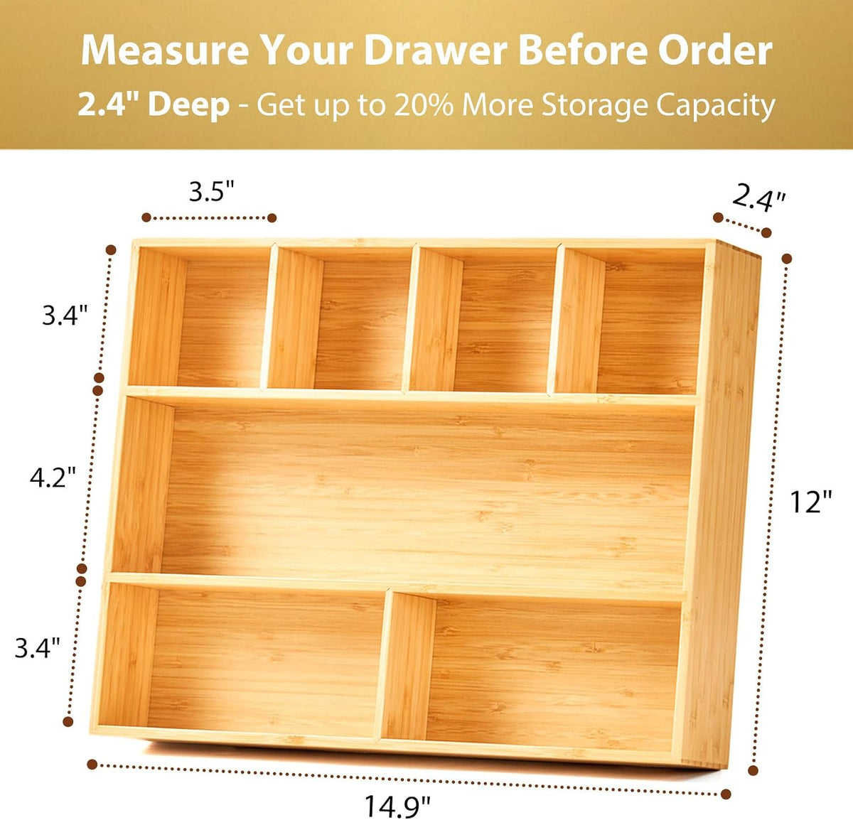 Bamboo Desk Drawer Organizer, Wood Junk Organizer Tray with Adjustable Dividers, Anti-Skip Storage Organization in Office Bathroom Drawer for Vanity, Makeup, 12" x 9"