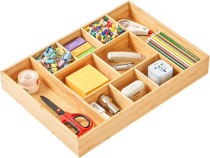 Bamboo Desk Drawer Organizer, Wood Junk Organizer Tray with Adjustable Dividers, Anti-Skip Storage Organization in Office Bathroom Drawer for Vanity, Makeup, 12" x 9"