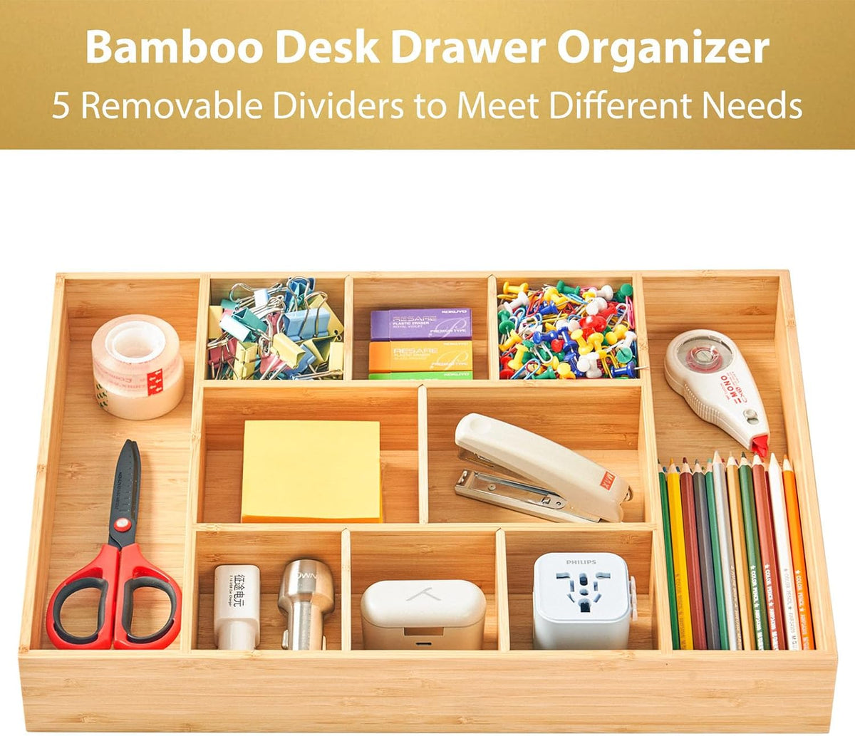 Bamboo Desk Drawer Organizer, Wood Junk Organizer Tray with Adjustable Dividers, Anti-Skip Storage Organization in Office Bathroom Drawer for Vanity, Makeup, 12" x 9"