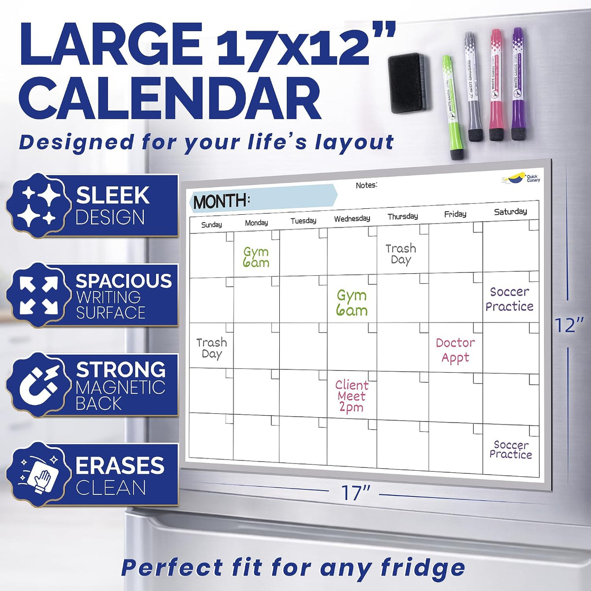 Large Magnetic Calendar for Refrigerator, Dry Erase Whiteboard Magnet
