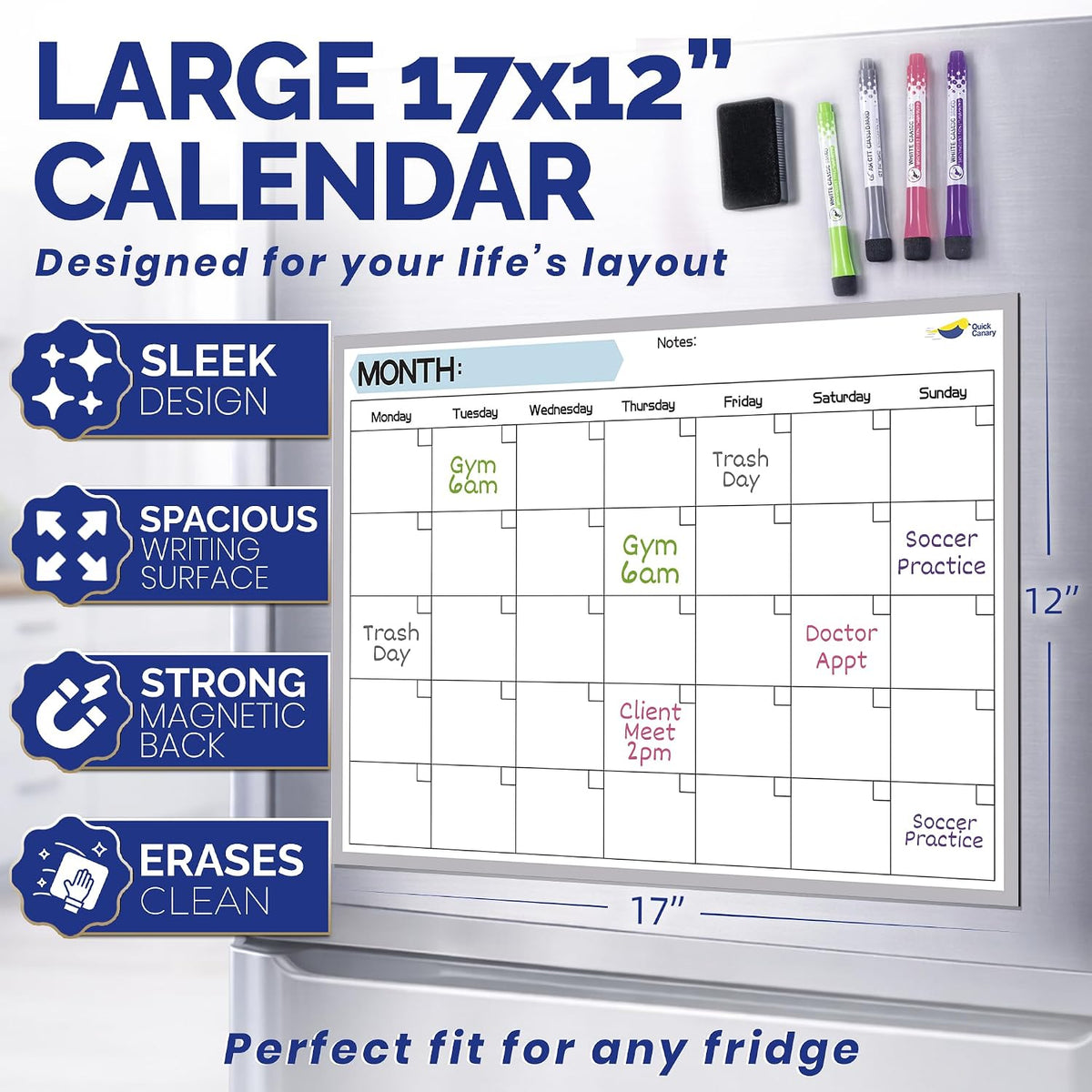Large Magnetic Calendar for Refrigerator, Dry Erase Whiteboard Magnet