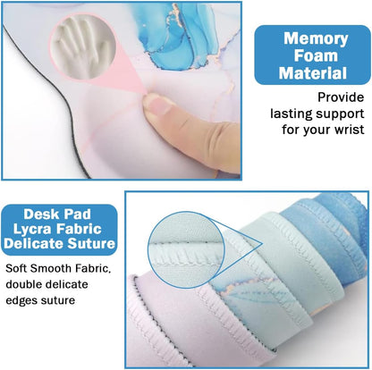 4-in-1 Gaming Mouse Pad Wrist Support Set，Desk Pad + Mouse Pad with Wrist Rest + Keyboard Wrist Rest + Coaster, Ergonomic Design for Home Office Study Game - Blue Marble