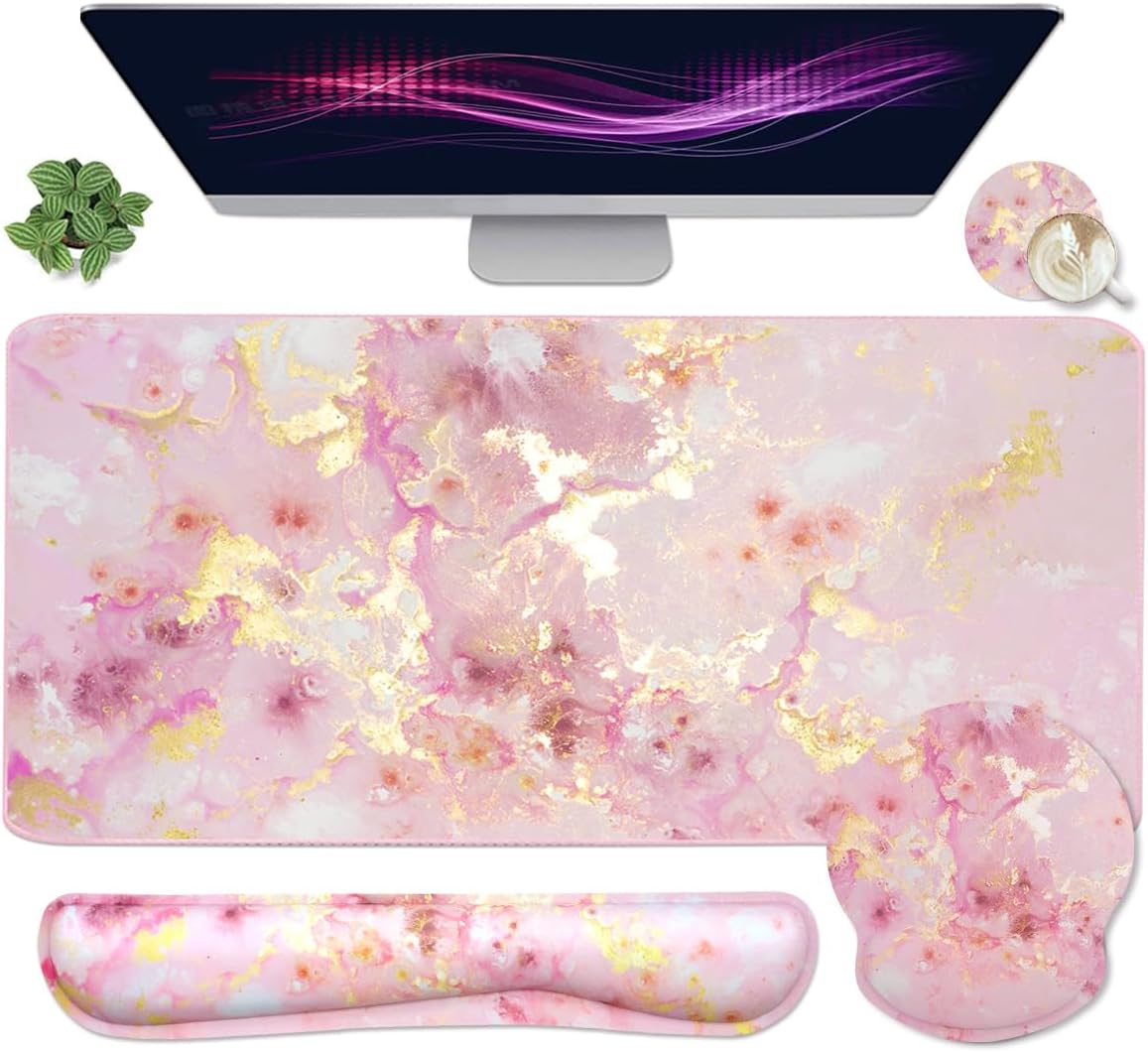 4-in-1 Gaming Mouse Pad Wrist Support Set，Desk Pad + Mouse Pad with Wrist Rest + Keyboard Wrist Rest + Coaster, Ergonomic Design for Home Office Study Game - Blue Marble