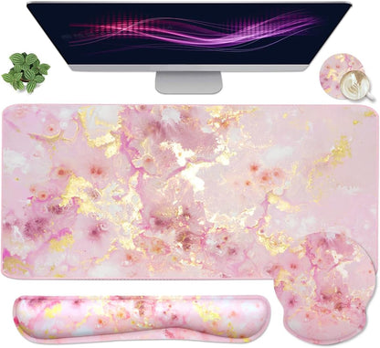 4-in-1 Gaming Mouse Pad Wrist Support Set，Desk Pad + Mouse Pad with Wrist Rest + Keyboard Wrist Rest + Coaster, Ergonomic Design for Home Office Study Game - Blue Marble