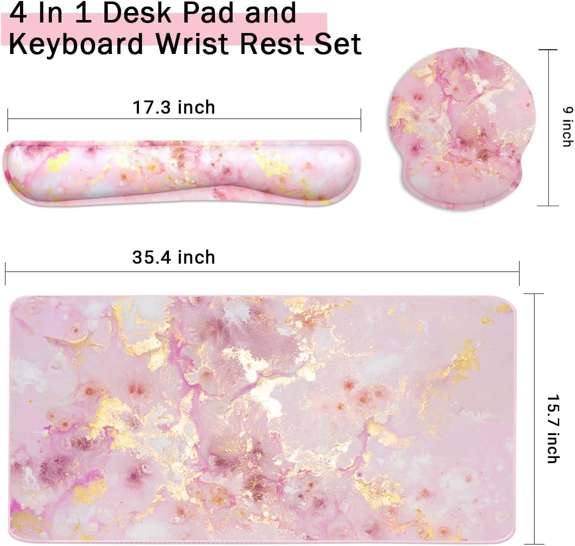 4-in-1 Gaming Mouse Pad Wrist Support Set，Desk Pad + Mouse Pad with Wrist Rest + Keyboard Wrist Rest + Coaster, Ergonomic Design for Home Office Study Game - Blue Marble