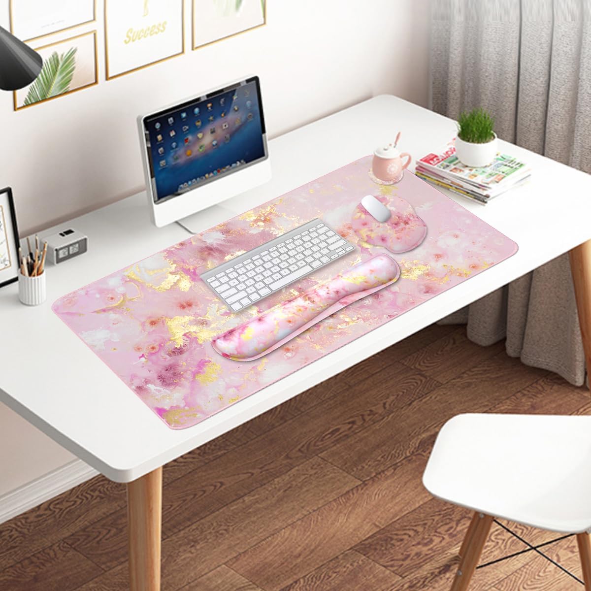 4-in-1 Gaming Mouse Pad Wrist Support Set，Desk Pad + Mouse Pad with Wrist Rest + Keyboard Wrist Rest + Coaster, Ergonomic Design for Home Office Study Game - Blue Marble