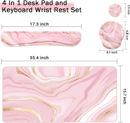 4-in-1 Gaming Mouse Pad Wrist Support Set，Desk Pad + Mouse Pad with Wrist Rest + Keyboard Wrist Rest + Coaster, Ergonomic Design for Home Office Study Game - Blue Marble