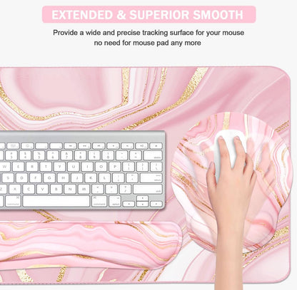 4-in-1 Gaming Mouse Pad Wrist Support Set，Desk Pad + Mouse Pad with Wrist Rest + Keyboard Wrist Rest + Coaster, Ergonomic Design for Home Office Study Game - Blue Marble