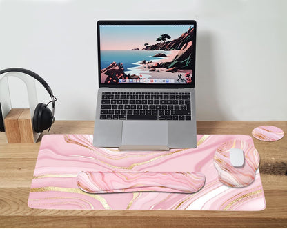 4-in-1 Gaming Mouse Pad Wrist Support Set，Desk Pad + Mouse Pad with Wrist Rest + Keyboard Wrist Rest + Coaster, Ergonomic Design for Home Office Study Game - Blue Marble