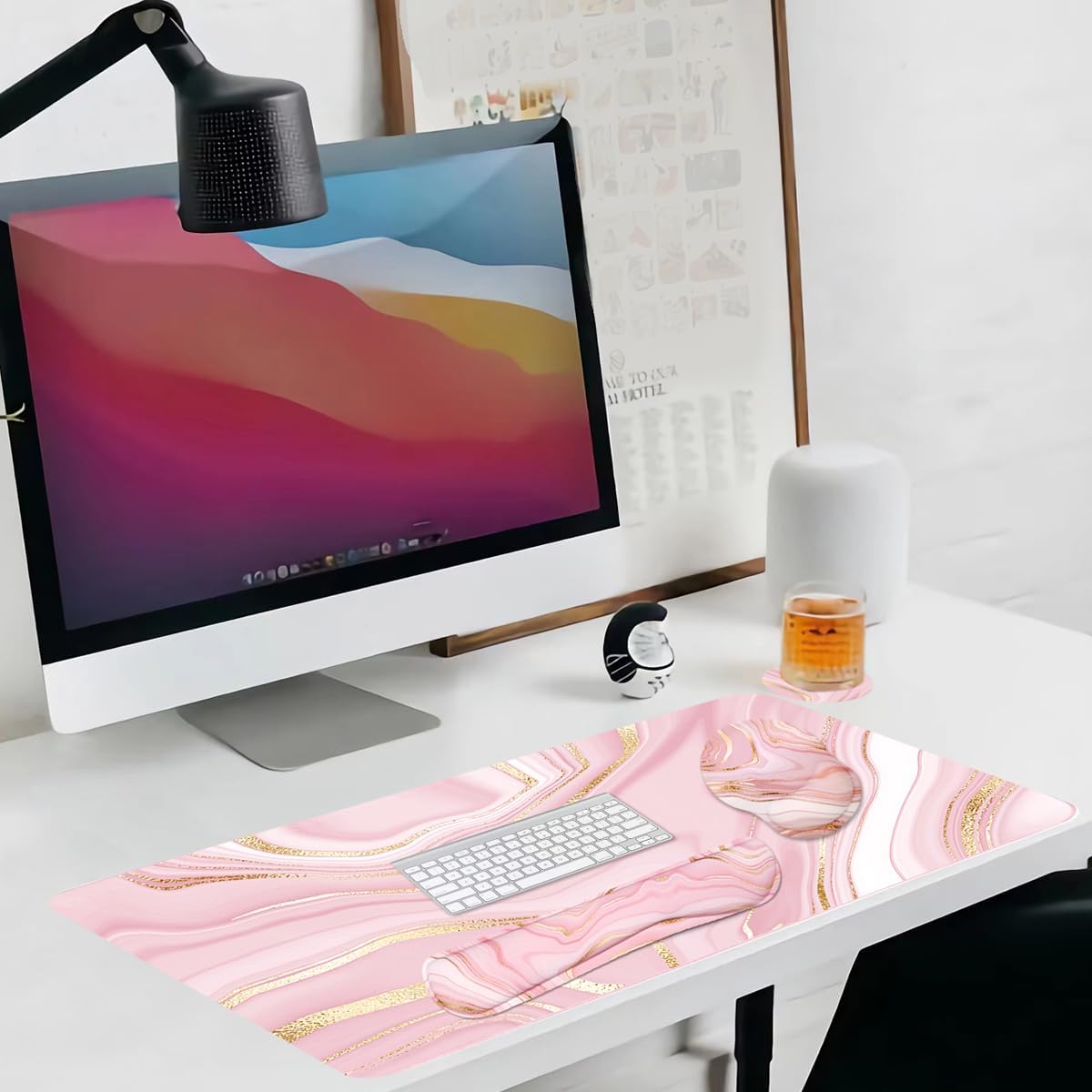 4-in-1 Gaming Mouse Pad Wrist Support Set，Desk Pad + Mouse Pad with Wrist Rest + Keyboard Wrist Rest + Coaster, Ergonomic Design for Home Office Study Game - Blue Marble