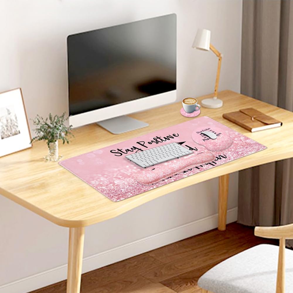 4-in-1 Gaming Mouse Pad Wrist Support Set，Desk Pad + Mouse Pad with Wrist Rest + Keyboard Wrist Rest + Coaster, Ergonomic Design for Home Office Study Game - Blue Marble