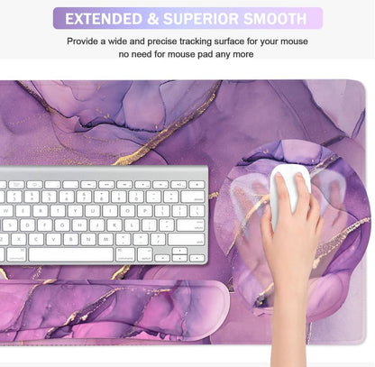 4-in-1 Gaming Mouse Pad Wrist Support Set，Desk Pad + Mouse Pad with Wrist Rest + Keyboard Wrist Rest + Coaster, Ergonomic Design for Home Office Study Game - Blue Marble