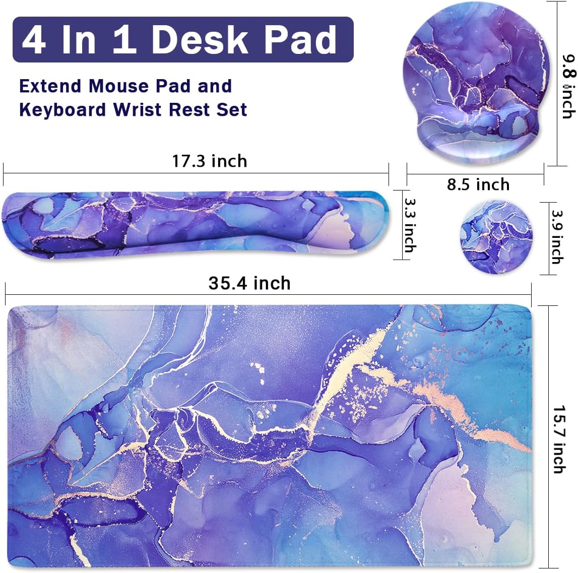 4-in-1 Gaming Mouse Pad Wrist Support Set，Desk Pad + Mouse Pad with Wrist Rest + Keyboard Wrist Rest + Coaster, Ergonomic Design for Home Office Study Game - Blue Marble