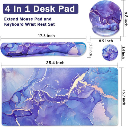 4-in-1 Gaming Mouse Pad Wrist Support Set，Desk Pad + Mouse Pad with Wrist Rest + Keyboard Wrist Rest + Coaster, Ergonomic Design for Home Office Study Game - Blue Marble
