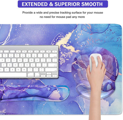 4-in-1 Gaming Mouse Pad Wrist Support Set，Desk Pad + Mouse Pad with Wrist Rest + Keyboard Wrist Rest + Coaster, Ergonomic Design for Home Office Study Game - Blue Marble