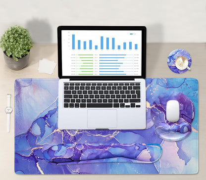4-in-1 Gaming Mouse Pad Wrist Support Set，Desk Pad + Mouse Pad with Wrist Rest + Keyboard Wrist Rest + Coaster, Ergonomic Design for Home Office Study Game - Blue Marble