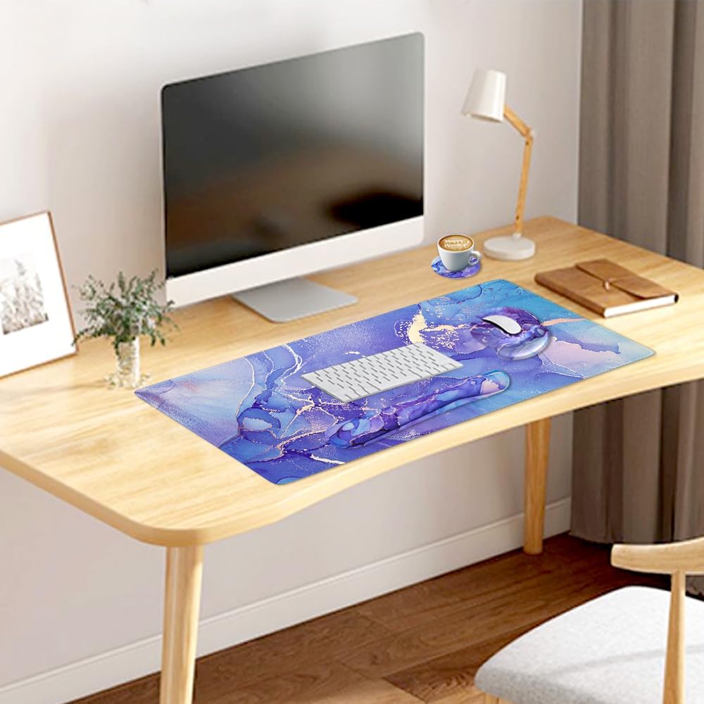 4-in-1 Gaming Mouse Pad Wrist Support Set，Desk Pad + Mouse Pad with Wrist Rest + Keyboard Wrist Rest + Coaster, Ergonomic Design for Home Office Study Game - Blue Marble