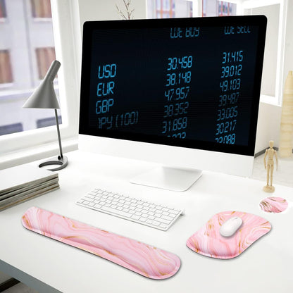 4-in-1 Gaming Mouse Pad Wrist Support Set，Desk Pad + Mouse Pad with Wrist Rest + Keyboard Wrist Rest + Coaster, Ergonomic Design for Home Office Study Game - Blue Marble