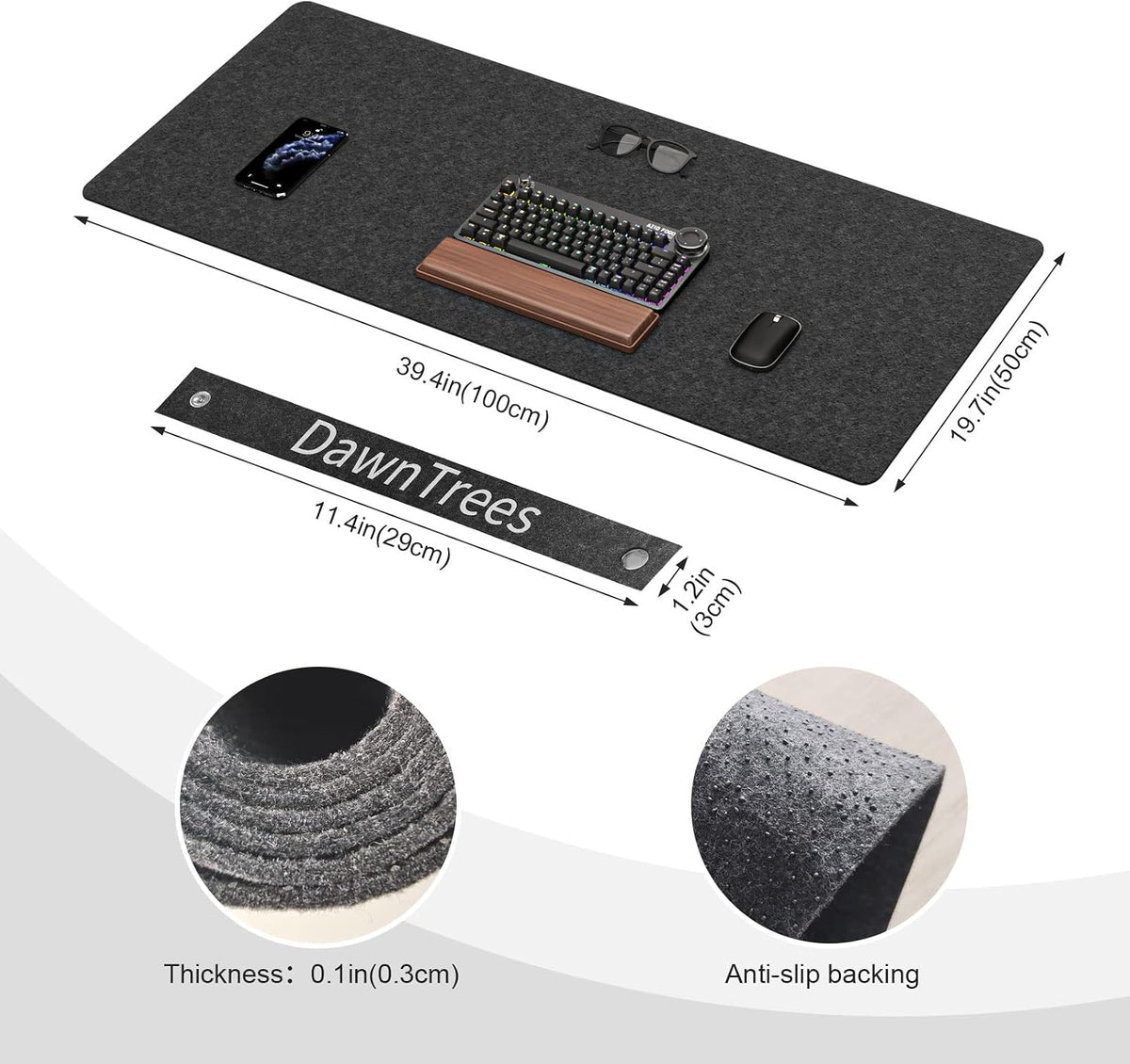 DAWNTREES Felt Desk Mat, Computer Mat for Desk, Dark Gray (36x12Inches)