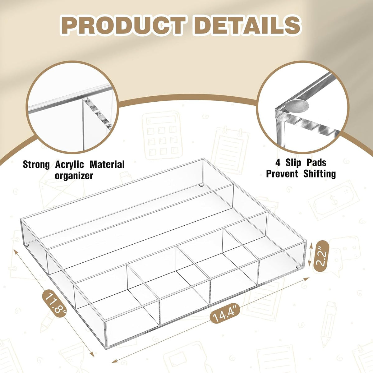 Clear Acrylic Deep Drawer Organizer Tray, 7 Compartments