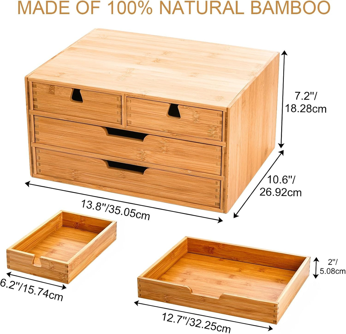 Bamboo Desk Organizer, 100% Natural Bamboo Desktop Drawer Organizer, Tabletop Storage Cabinet Organization Box with 4 Drawers for Makeup, Letter, Home Office Supplies, 3-Layer, Fully Assembled