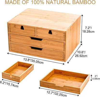 Bamboo Desk Organizer, 100% Natural Bamboo Desktop Drawer Organizer, Tabletop Storage Cabinet Organization Box with 4 Drawers for Makeup, Letter, Home Office Supplies, 3-Layer, Fully Assembled