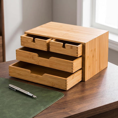 Bamboo Desk Organizer, 100% Natural Bamboo Desktop Drawer Organizer, Tabletop Storage Cabinet Organization Box with 4 Drawers for Makeup, Letter, Home Office Supplies, 3-Layer, Fully Assembled