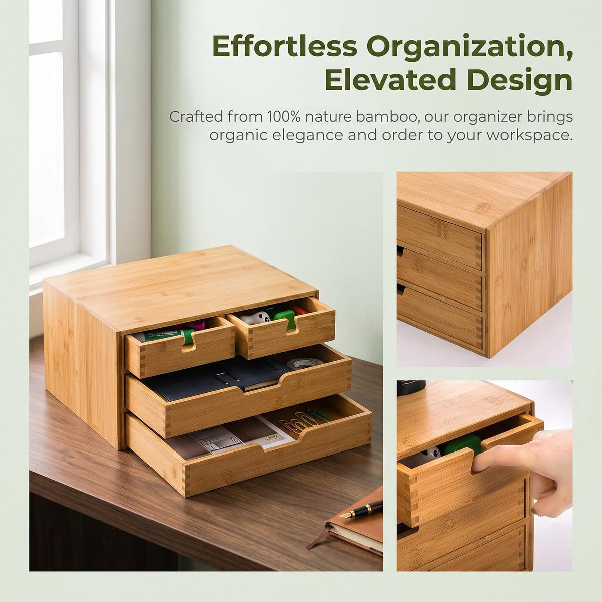 Bamboo Desk Organizer, 100% Natural Bamboo Desktop Drawer Organizer, Tabletop Storage Cabinet Organization Box with 4 Drawers for Makeup, Letter, Home Office Supplies, 3-Layer, Fully Assembled