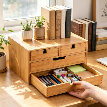 Bamboo Desk Organizer, 100% Natural Bamboo Desktop Drawer Organizer, Tabletop Storage Cabinet Organization Box with 4 Drawers for Makeup, Letter, Home Office Supplies, 3-Layer, Fully Assembled