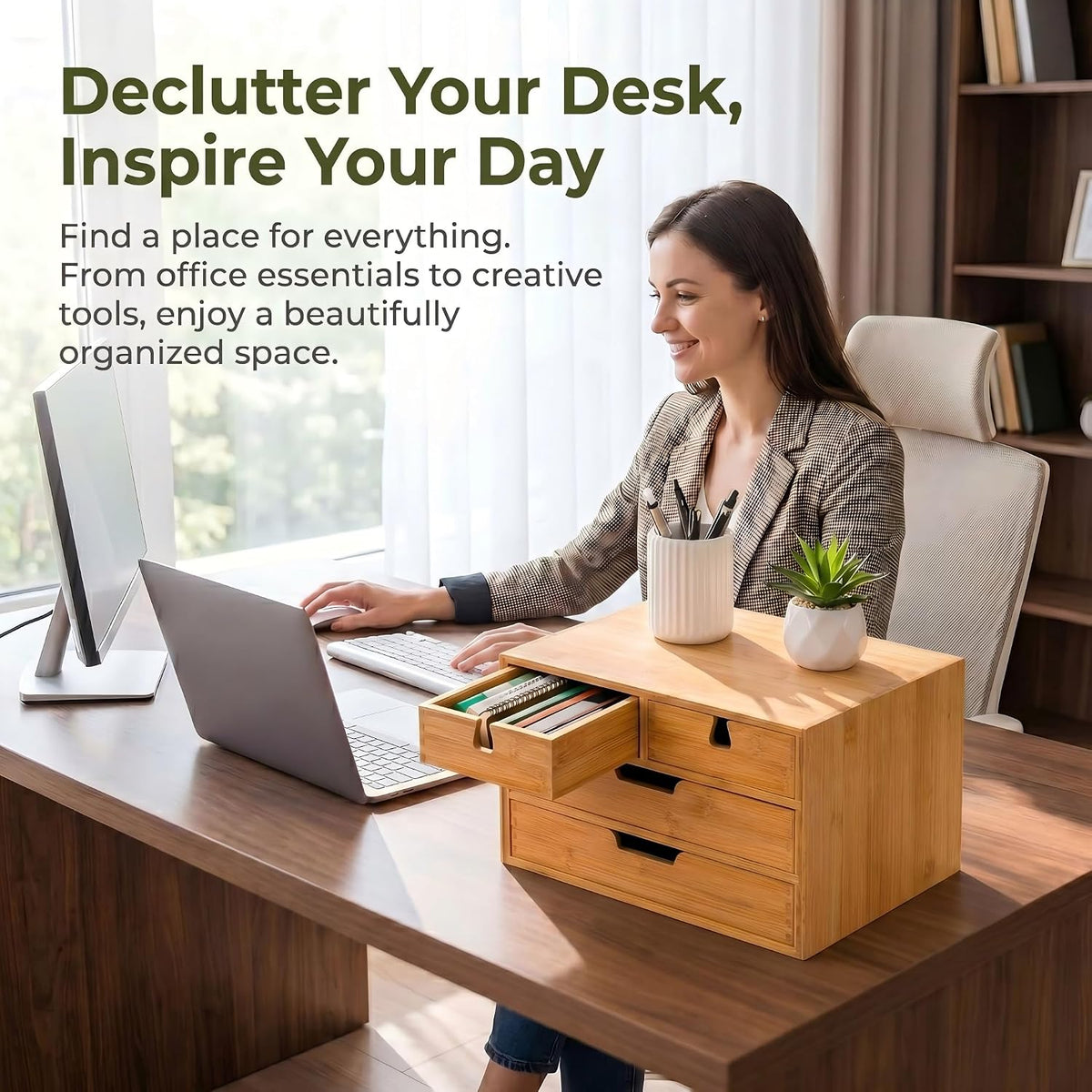 Bamboo Desk Organizer, 100% Natural Bamboo Desktop Drawer Organizer, Tabletop Storage Cabinet Organization Box with 4 Drawers for Makeup, Letter, Home Office Supplies, 3-Layer, Fully Assembled