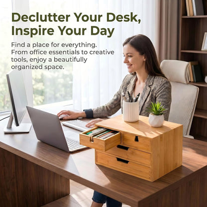 Bamboo Desk Organizer, 100% Natural Bamboo Desktop Drawer Organizer, Tabletop Storage Cabinet Organization Box with 4 Drawers for Makeup, Letter, Home Office Supplies, 3-Layer, Fully Assembled