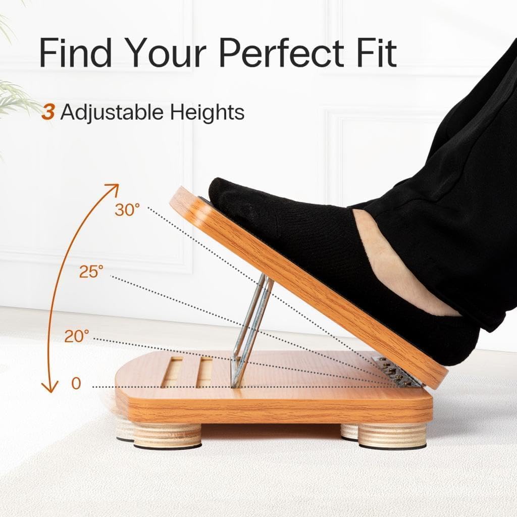 Wooden Desk Foot Rest, Adjustable 3 Heights, Non-Slip, Under Desk