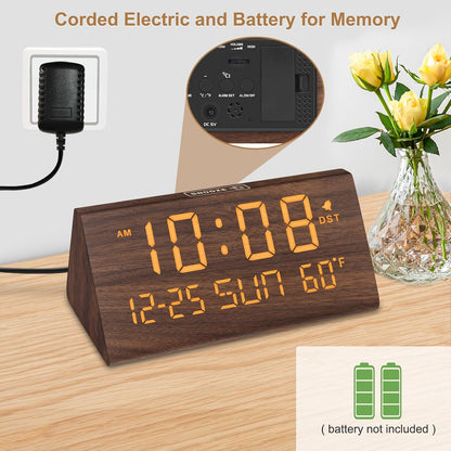 Digital Alarm Clock for Bedrooms - Wooden Desk Clock with Date