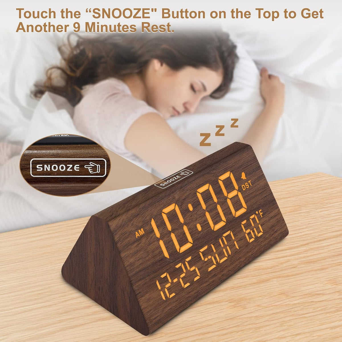 Digital Alarm Clock for Bedrooms - Wooden Desk Clock with Date