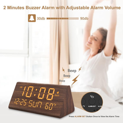 Digital Alarm Clock for Bedrooms - Wooden Desk Clock with Date